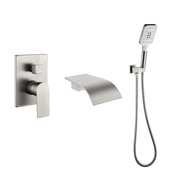 Unbranded Single-Handle 3-Spray Tub Wall Mount and Shower Faucet with Handheld Shower in Brushed Nickel Valve Included