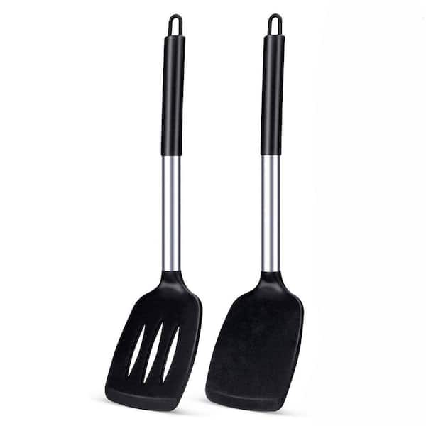 Black Silicone Stainless Steel Nonstick High Heat Resistant Solid and Slotted Turner Cooking Spatula 2-Pack