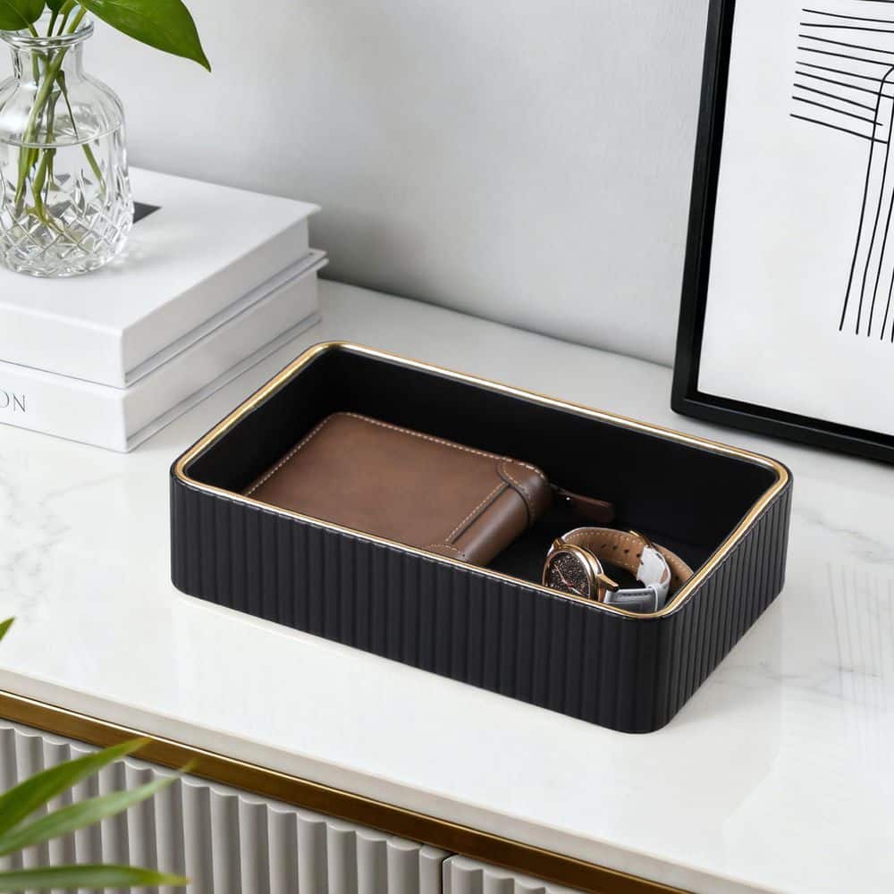 Classic Series Black Rectangle PU Leather Valet Tray 9.5 in. 1