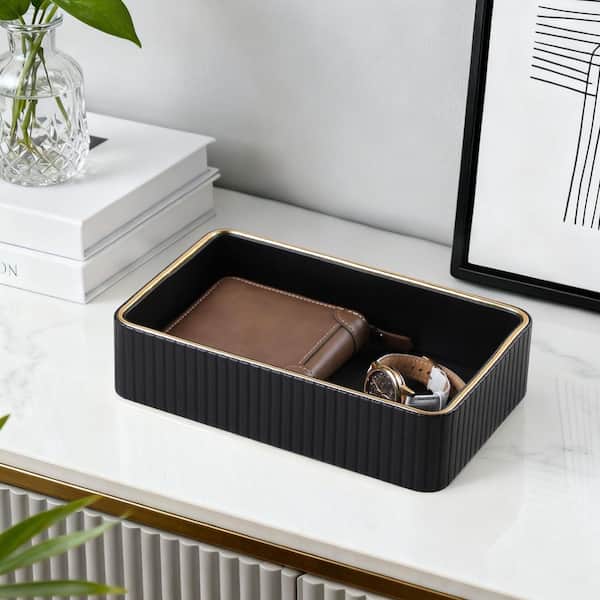 Classic Series Black Rectangle PU Leather Valet Tray 9.5 in. 1