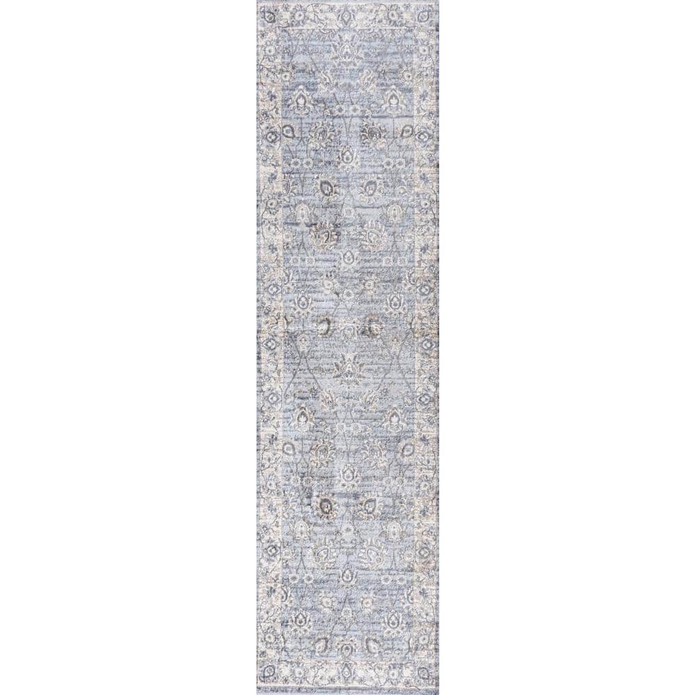 Light Gray Floral Synthetic 2x10 ft Vintage-Inspired Runner Rug