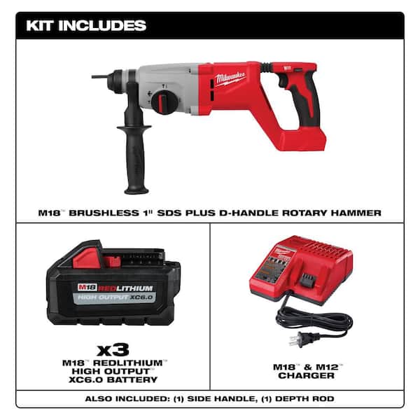 M18 18V Lith-Ion Brushless Cordless 1 in. SDS-Plus D-Handle Rotary Hammer w/ (3) Battery and Charger Kit