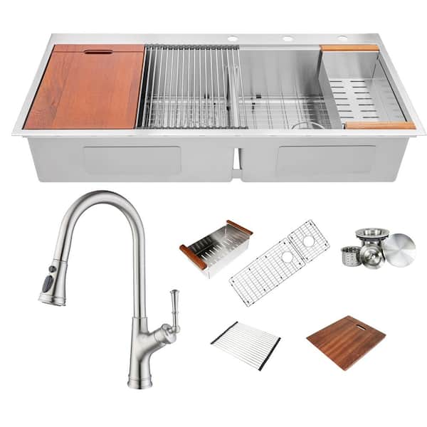 eModernDecor 16-Gauge Stainless Steel 48 in. Double Bowl Drop-In Workstation Kitchen Sink Combo with Faucet