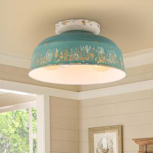 14 in. 2-Light Drum Antique Green Semi-Flush Mount Ceiling Light for Living Room Foyer Kitchen