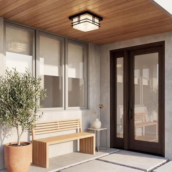 KICHLER Tremillo 2-Light Black Outdoor Porch Ceiling Flush Mount