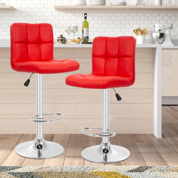 Reiner 37 in. Red Low Back Swivel Metal Bar Stool with Faux Leather Seat (Set of 2)
