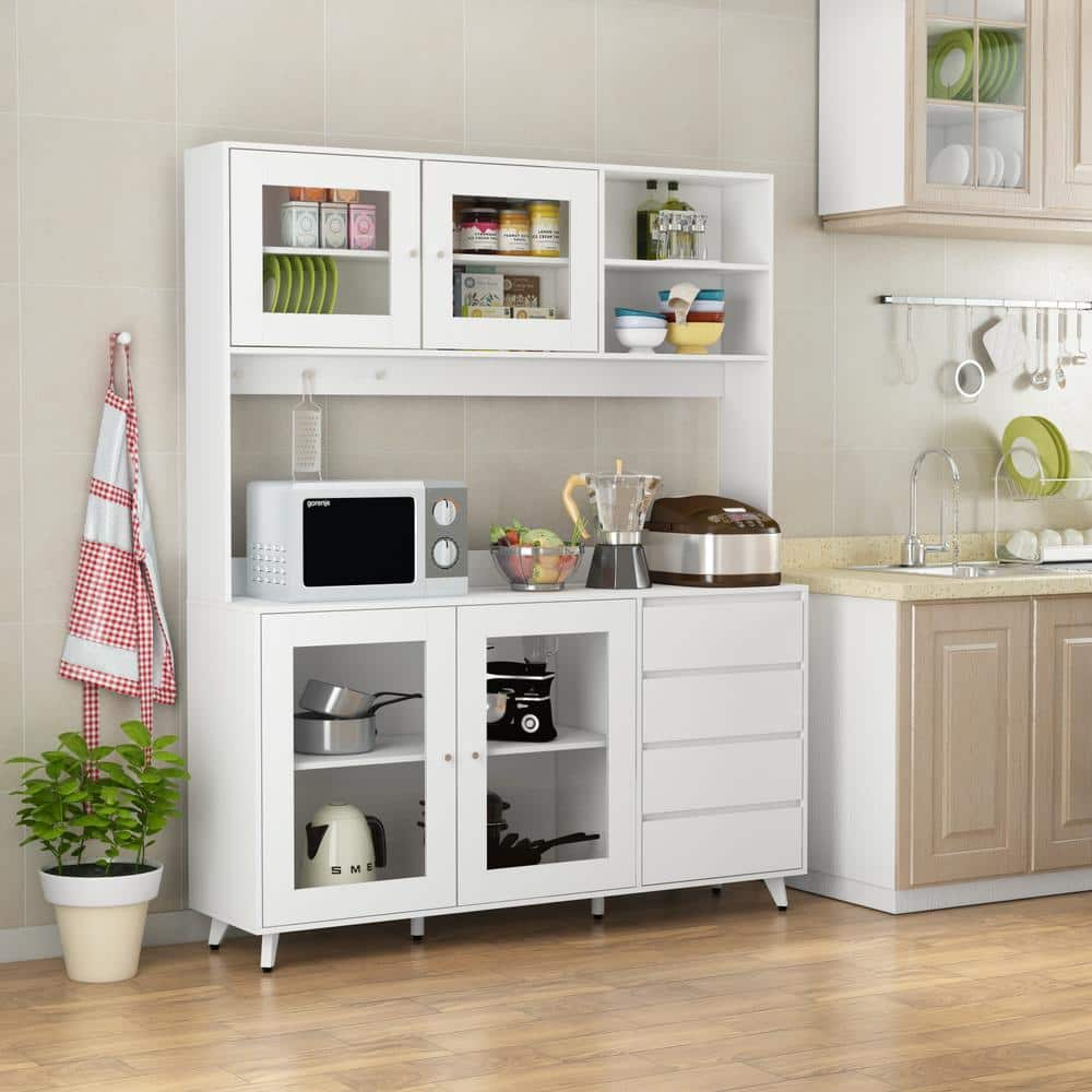 FUFU&GAGA Glass Doors Large Pantry Kitchen Cabinet Buffet with 4-Drawers,  Hooks, Open Shelves 74.8 in. H x 63 in. W x 15.7 in. D KF210128-045-KPL1 -  The Home Depot