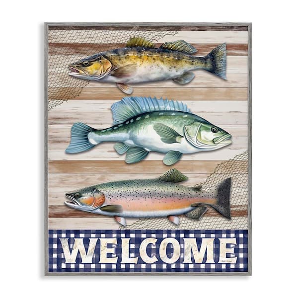 Stupell Industries Welcome with Rustic Fish by Nicole DeCamp Gray Framed Animal Giclee Art Print 30 in. x 24 in.