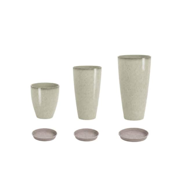 3 Ceramic-Look Plastic Planters, 12-24", w/ Drainage & Saucers