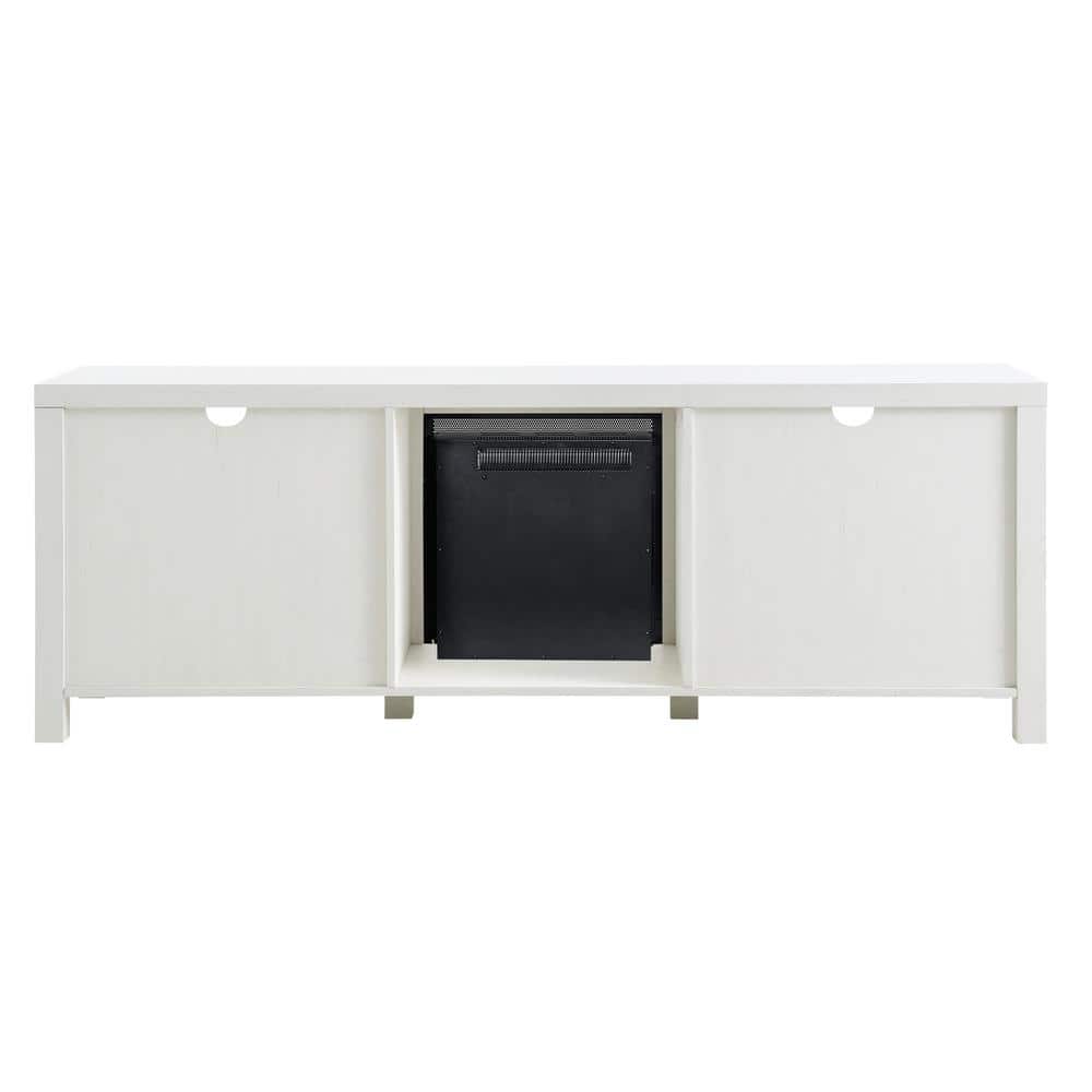 Brushed White 70" TV Stand with Electric Fireplace and Mesh Cabinets