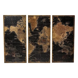 48 in. x 22 in. Stanford Wood Distressed World Map Wall Art (Set of 3)