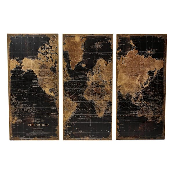 Aspire Home Accents 48 in. x 22 in. Stanford Wood Distressed World Map Wall Art (Set of 3)