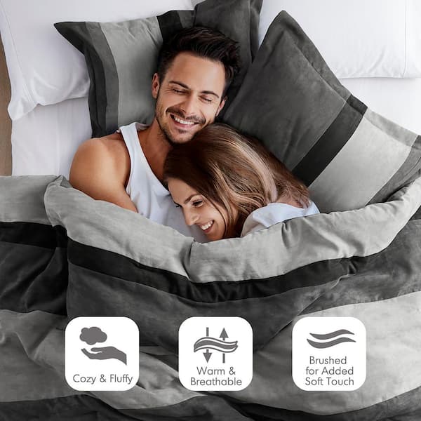 Boulder Stripe 3-Piece Black Full/Queen Pieced Faux Suede Comforter Set