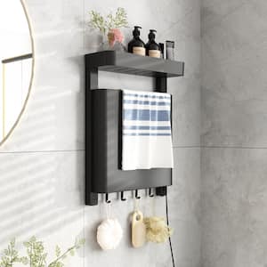 16 in. Wall-Mounted Electric Plug-in Lavatory Towel Warmer Single Towel Holder with Heated Towel Bars, 4-Hooks, in Black