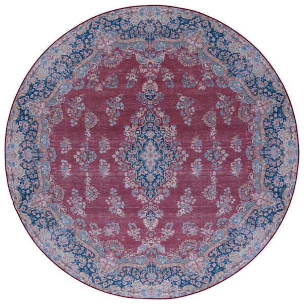 SAFAVIEH Tucson Red/Navy 6 ft. x 6 ft. Machine Washable Border Floral Round Area Rug