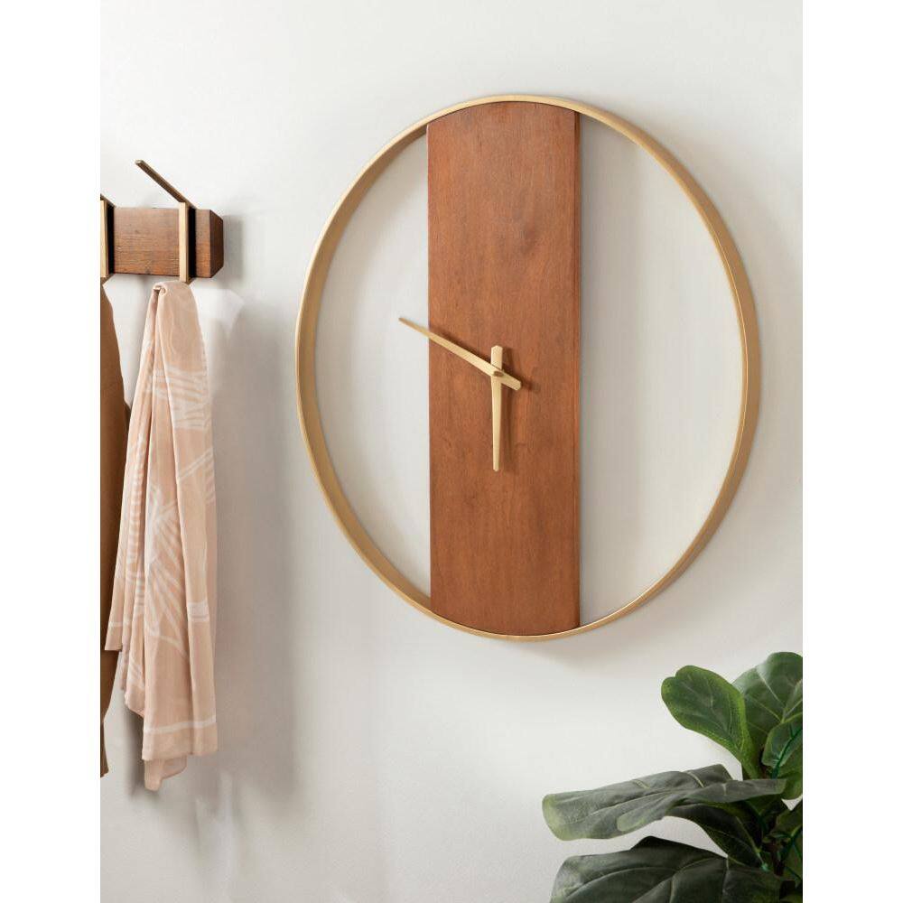 24" Walnut Brown and Gold Metal Round Wall Clock