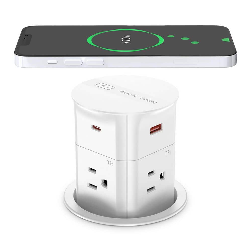 4-Outlets 4-USB Pop Up Countertop, 15W Wireless Charger, 800J Surge Protect