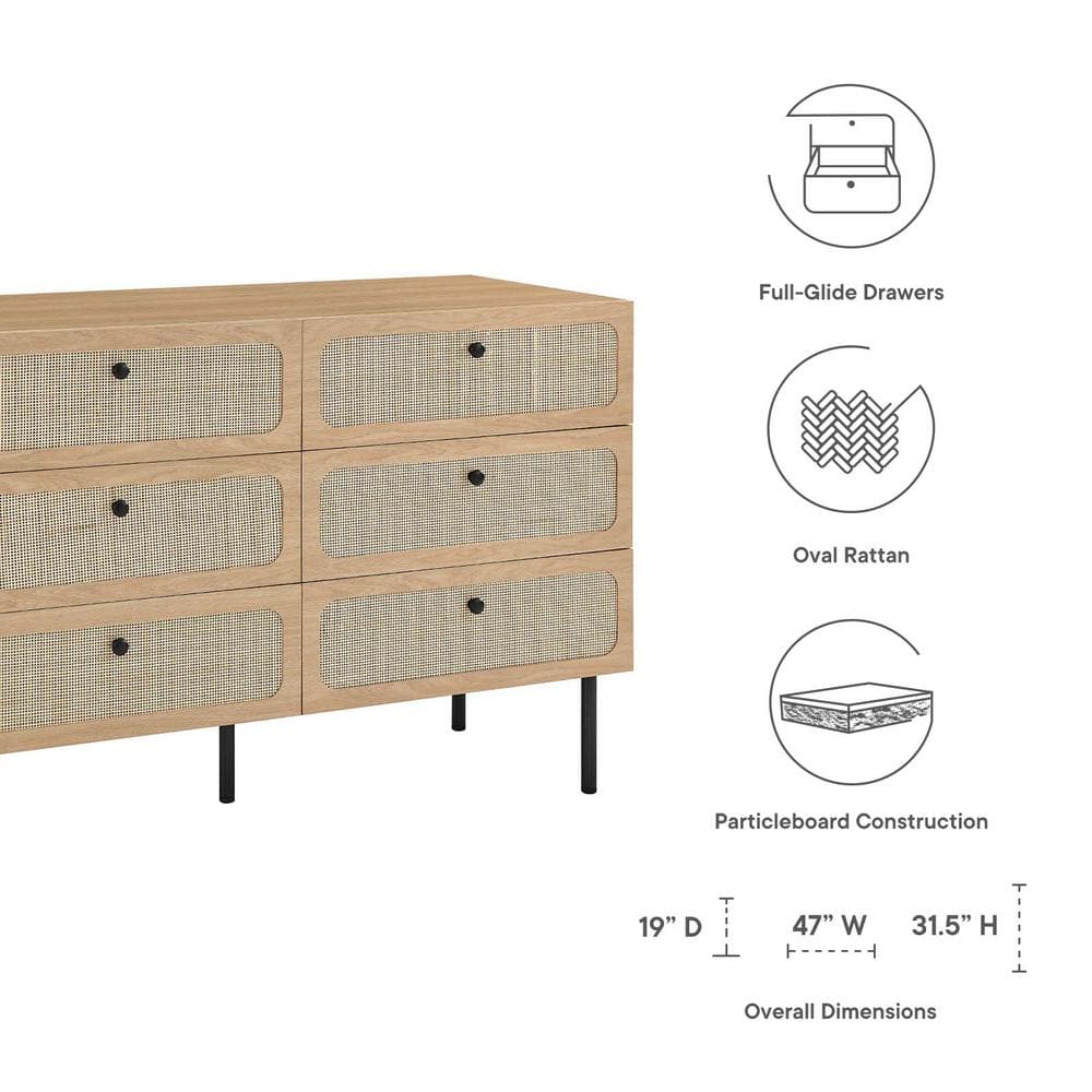 Chaucer Oak and Rattan 6-Drawer Compact Dresser with Adjustable Feet