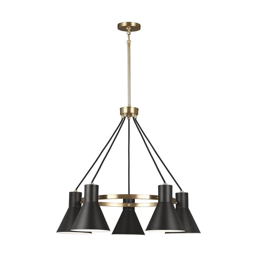 Satin Brass 5-Light Chandelier with Black Steel Shade