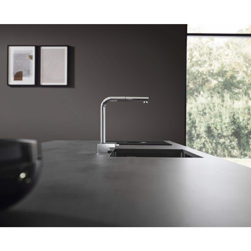 Polished Nickel L-Shape Kitchen Faucet with Pull-Out Spray