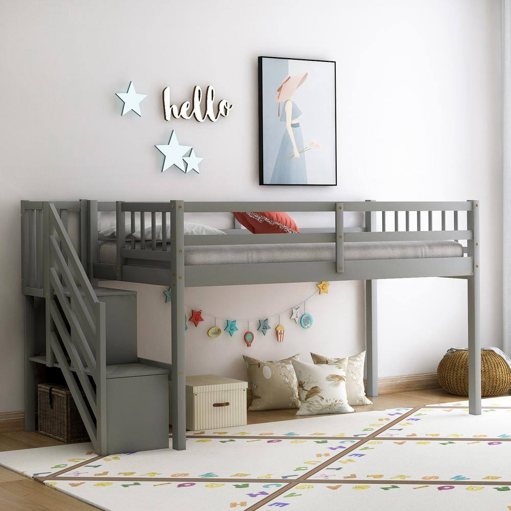 Harper Bright Designs Gray Twin Size Floor Loft Bed With Storage