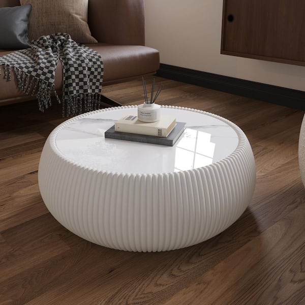 Halvion Modern 27.55 in. Beige Round PU Leather Drum Shape Light Marble Top Coffee Table
