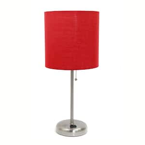 19.5 in. Brushed Steel/Red Contemporary Bedside Power Outlet Base Standard Metal Table Desk Lamp