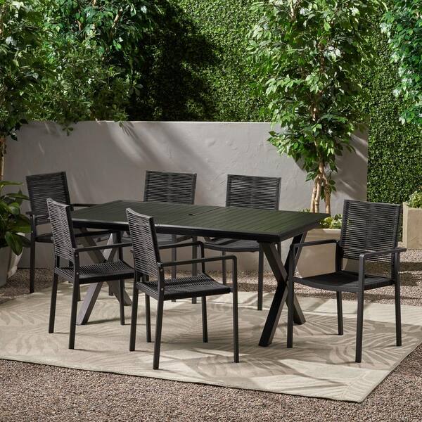 Noble House Taku Black 7-Piece Aluminum Rectangular Outdoor Dining Set with Expandable Table