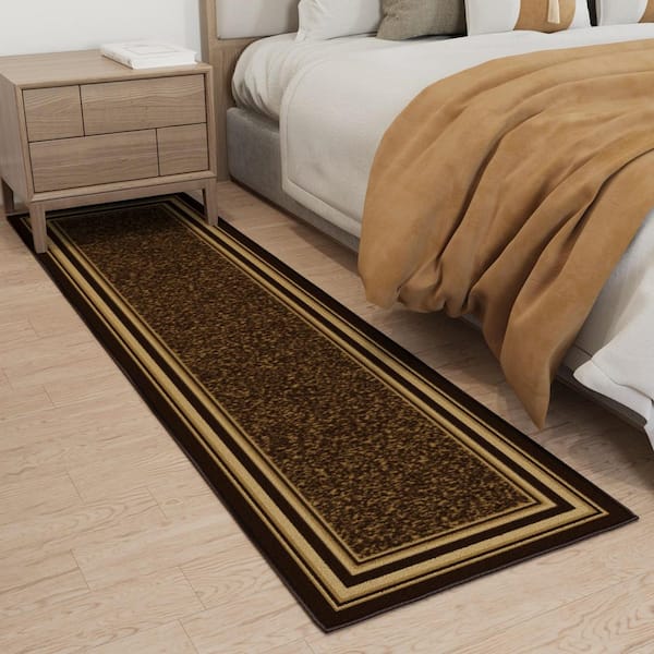 Ottohome Collection Non-Slip Rubberback Bordered Design 2x7 Indoor Runner Rug, 1 ft. 10 in. x 7 ft., Dark Brown
