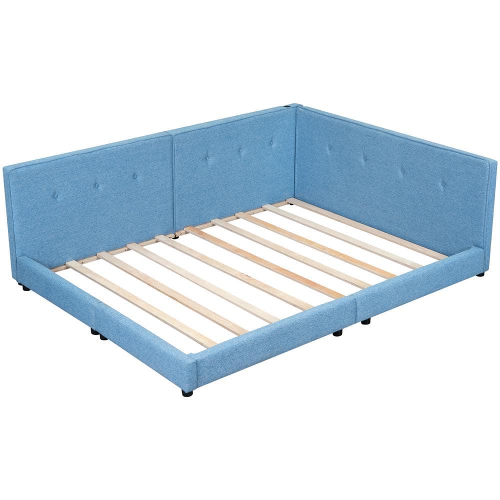 Nestfair Blue Wood Frame Upholstered Full Size Platform Bed with USB ...