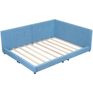 Blue Wood Frame Upholstered Full Size Platform Bed with USB Ports