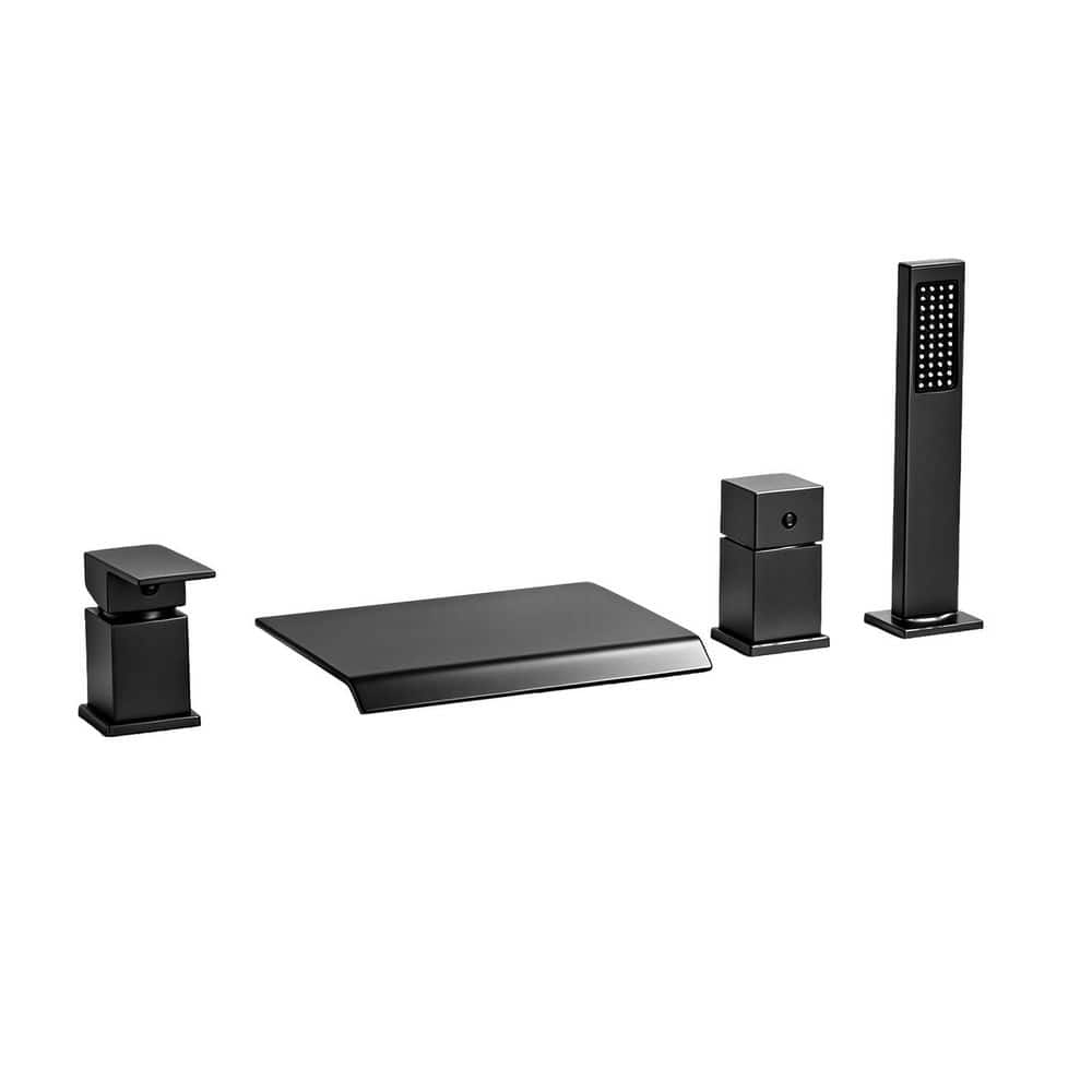 1 Handle Tub Deck Mount Roman Tub Faucet with 360° Swivel Spout, Hand Shower in Matte Black