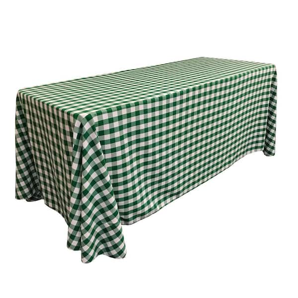"90 in. x 132 in. White and Hunter Green Polyester Gingham Checkered Rectangular Tablecloth"
