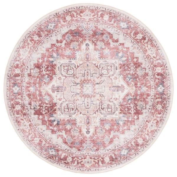 SAFAVIEH Arizona Rust/Beige 6 ft. x 6 ft. Distressed Border Ornate Machine Washable Round Area Rug