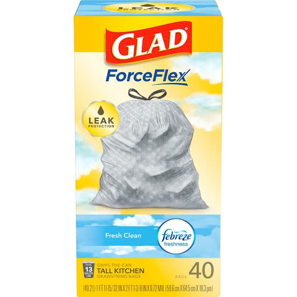 Force Flex 13 gal. Tall Kitchen Drawstring Fresh Clean Scent with Febreze Freshness Trash Bags (40-Count) (3-pack)