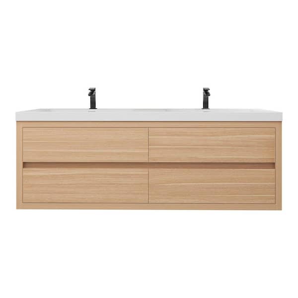 Louis 59 in. W x 20 in. D x 22 in. H Double Sink Floating Bath Vanity in Champagne Oak with White Acrylic Top