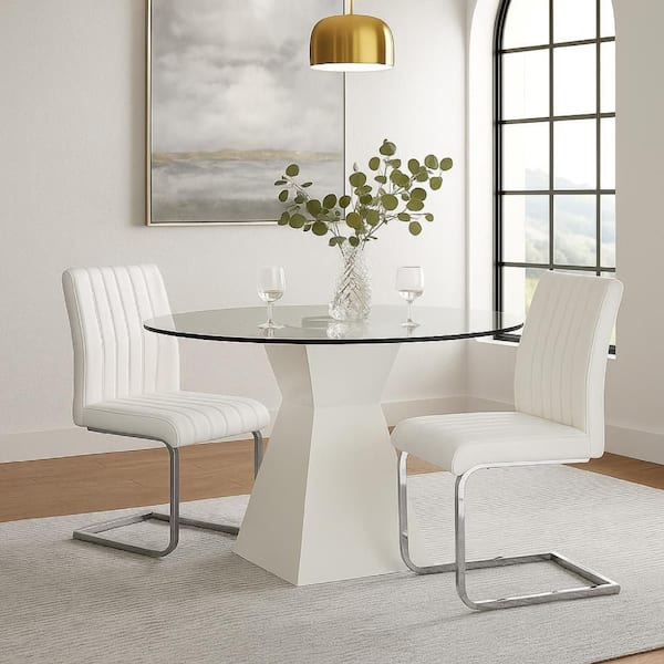 White Glass Round 45 in. Pedestal Base Dining Table Seats 4