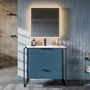 Moma 32 in. W x 18 in. D x 33.4 in. H Bathroom Vanity in Blue with White Solid Surface Top with White Sink