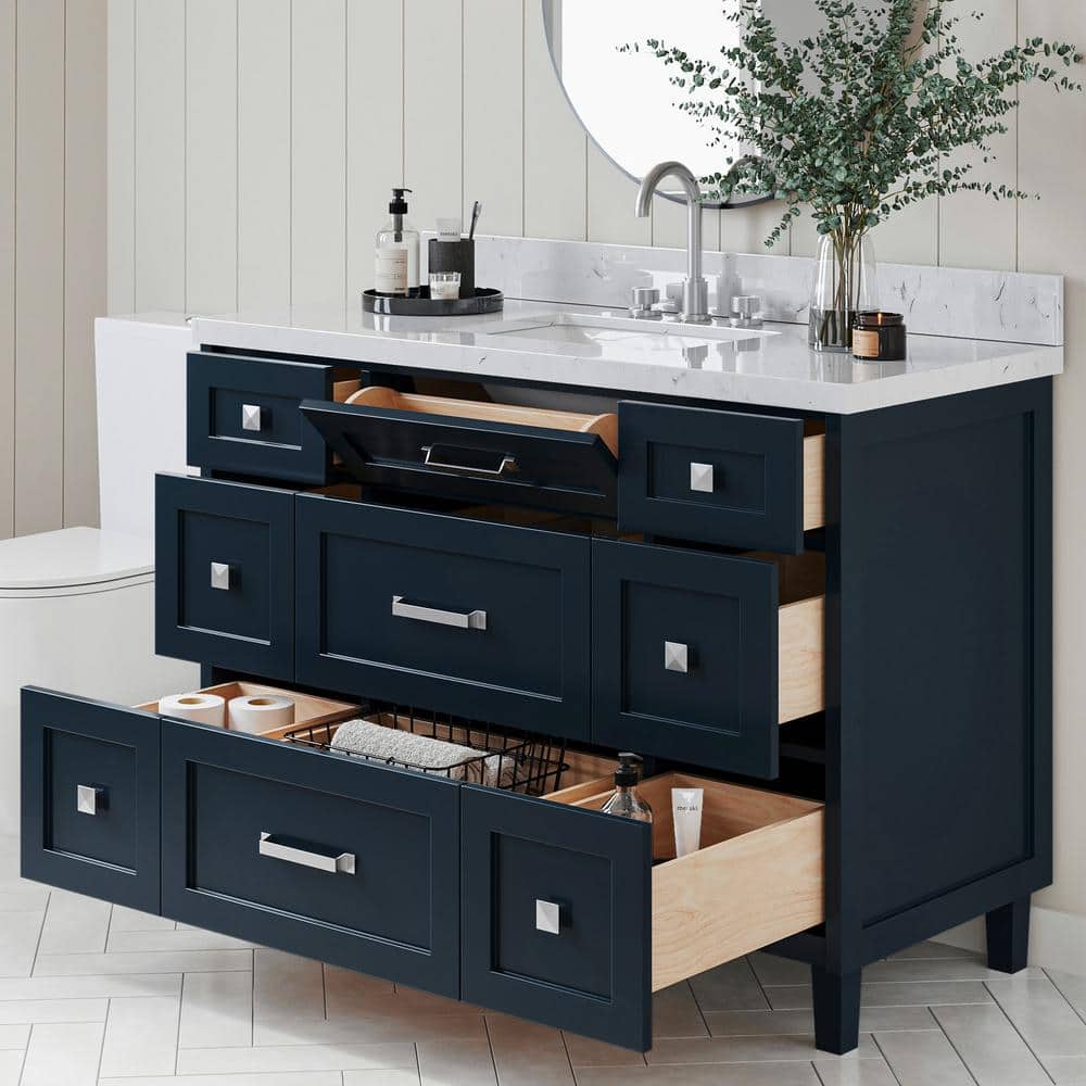 Midnight Blue Freestanding Single Sink Vanity with Carrara Quartz Top