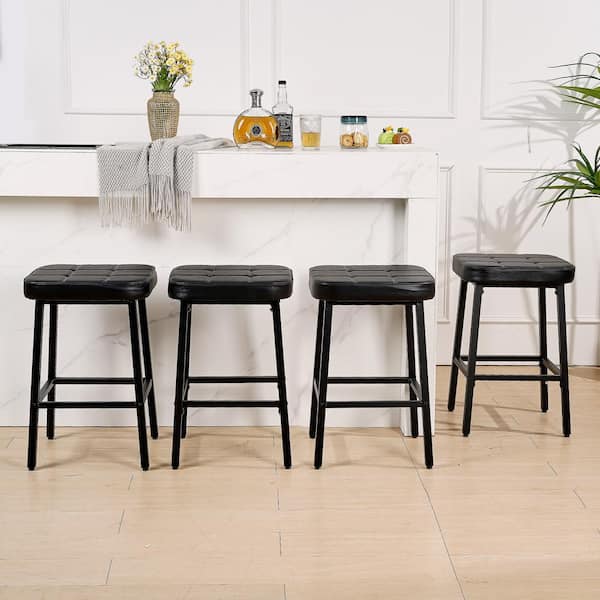 Bar Stools Set of 4 Black PU Upholstered Breakfast Stools Bar Chairs 24 Inch Height Industrial Metal Dining Chairs