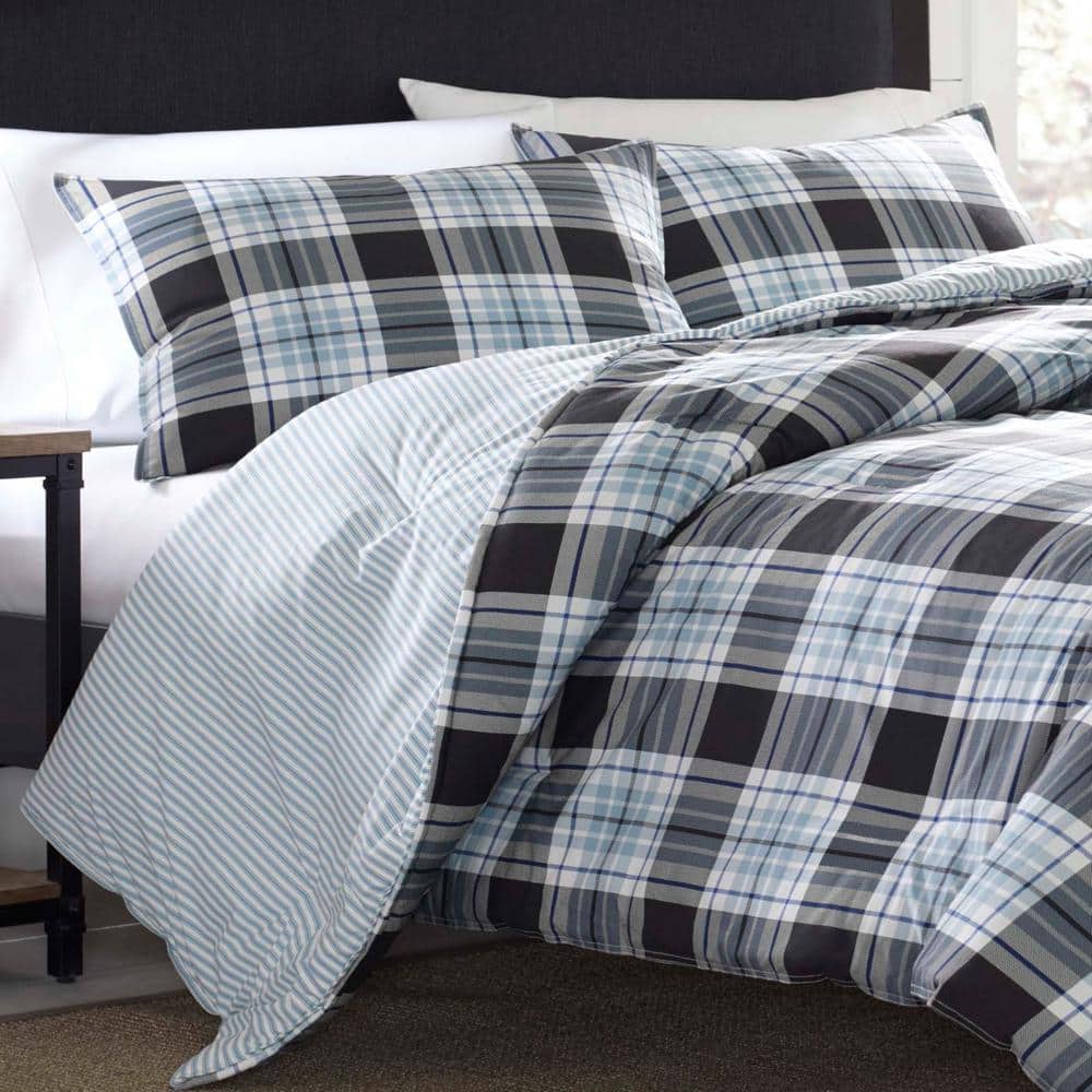 Twin Navy Plaid Cotton Duvet Cover Set with Sham