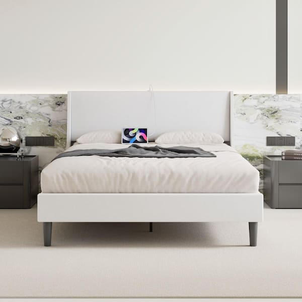 Upholstered Bed Frame White Metal Frame Full Platform Bed with Headboard and Wingback Bed Frame USB and Type-C Ports