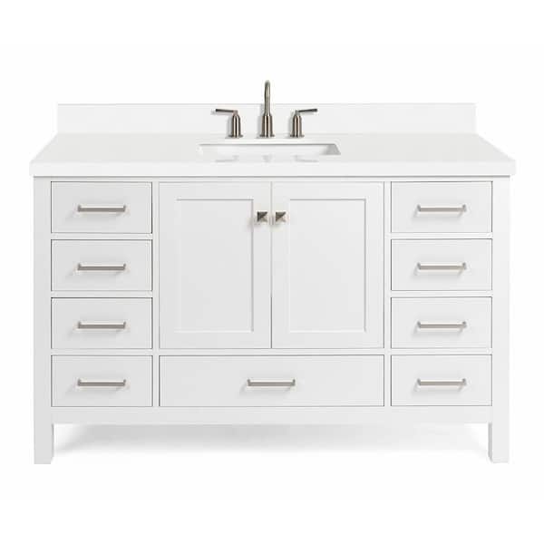 Cambridge 54 in. W x 22 in. D x 36 in. H Single Freestanding in White Bath Vanity with Pure White Quartz Top