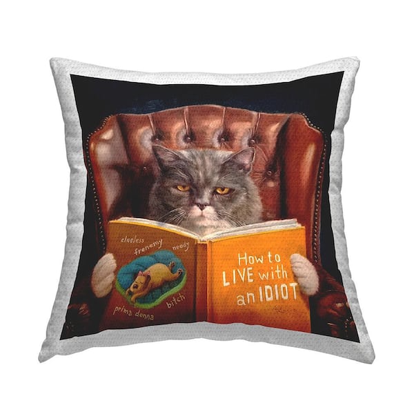 Stupell Industries Angry Cat Reading Dog Book Feline Pet Humor Multi-Color Square Outdoor Throw Pillow