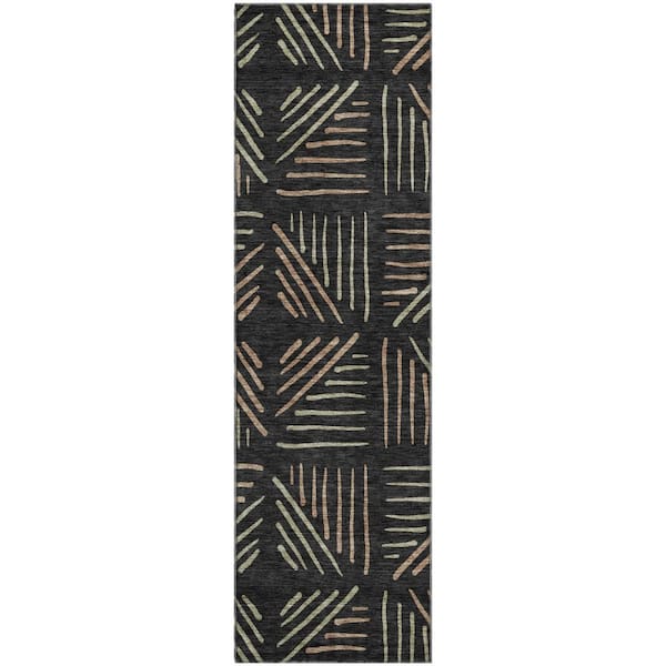 Mayfield Premium Machine Washable Abstract AMF2413 Black 2 ft. x 7 ft. Runner Rug