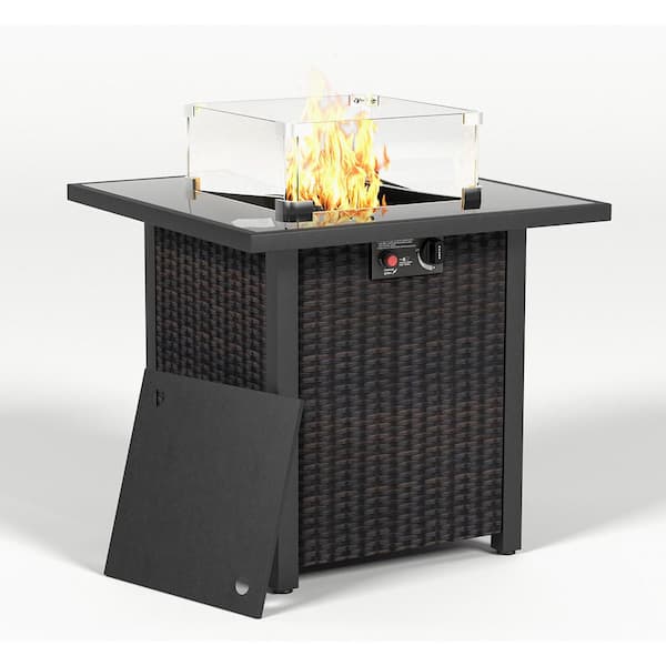 TANKY TRADING INC 28 in. Propane Fire Pit Table, Rattan and Wicker,50000 BTU, Glass Windscreen Protector, Brown