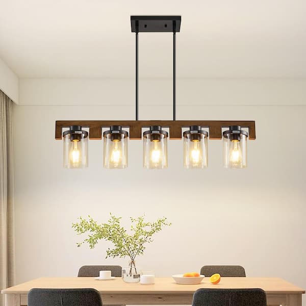 Magic Home 5-Light Modern Industrial Chandelier Rectangle Natural Wood Linear Light Over Table for Kitchen Island Dinning Room