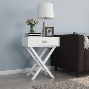 White X-Leg Design Modern Nightstand with Brushed Silver Handle