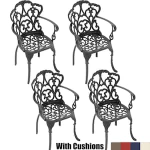 Black Cast Aluminum Patio Outdoor Dining Chair with Random Color Cushion (4-Pack)