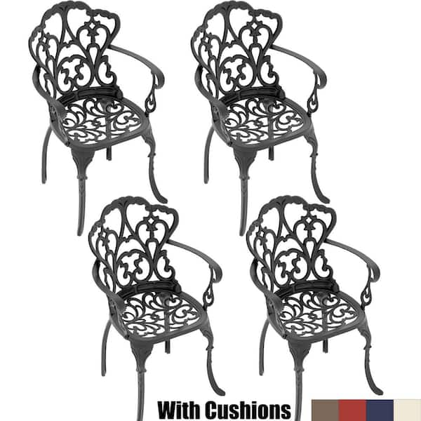 Black Cast Aluminum Patio Outdoor Dining Chair with Random Color Cushion (4-Pack)